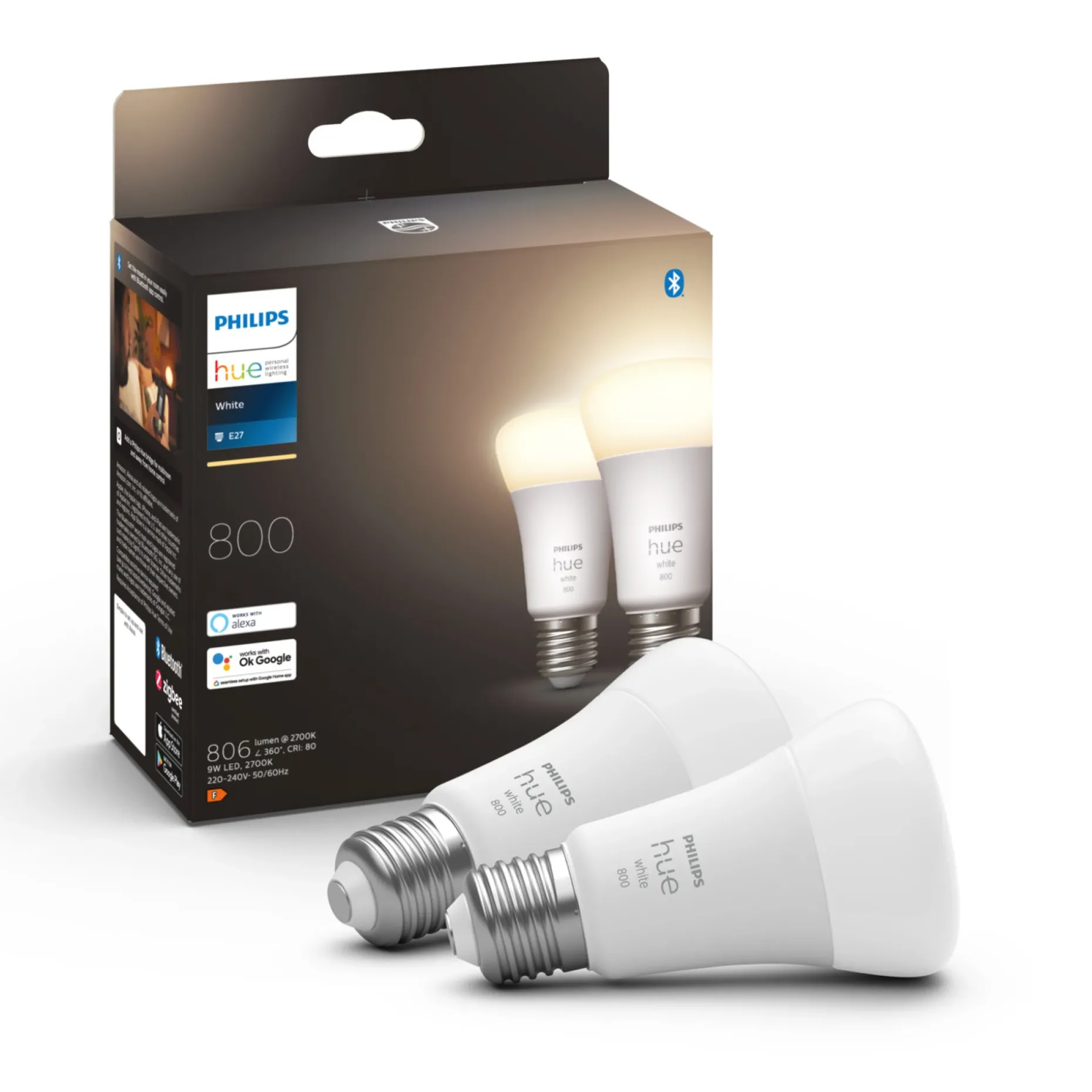 PHILIPS HUE W 2-PAK SMART LED PÆRE E27 STANDARD 9W