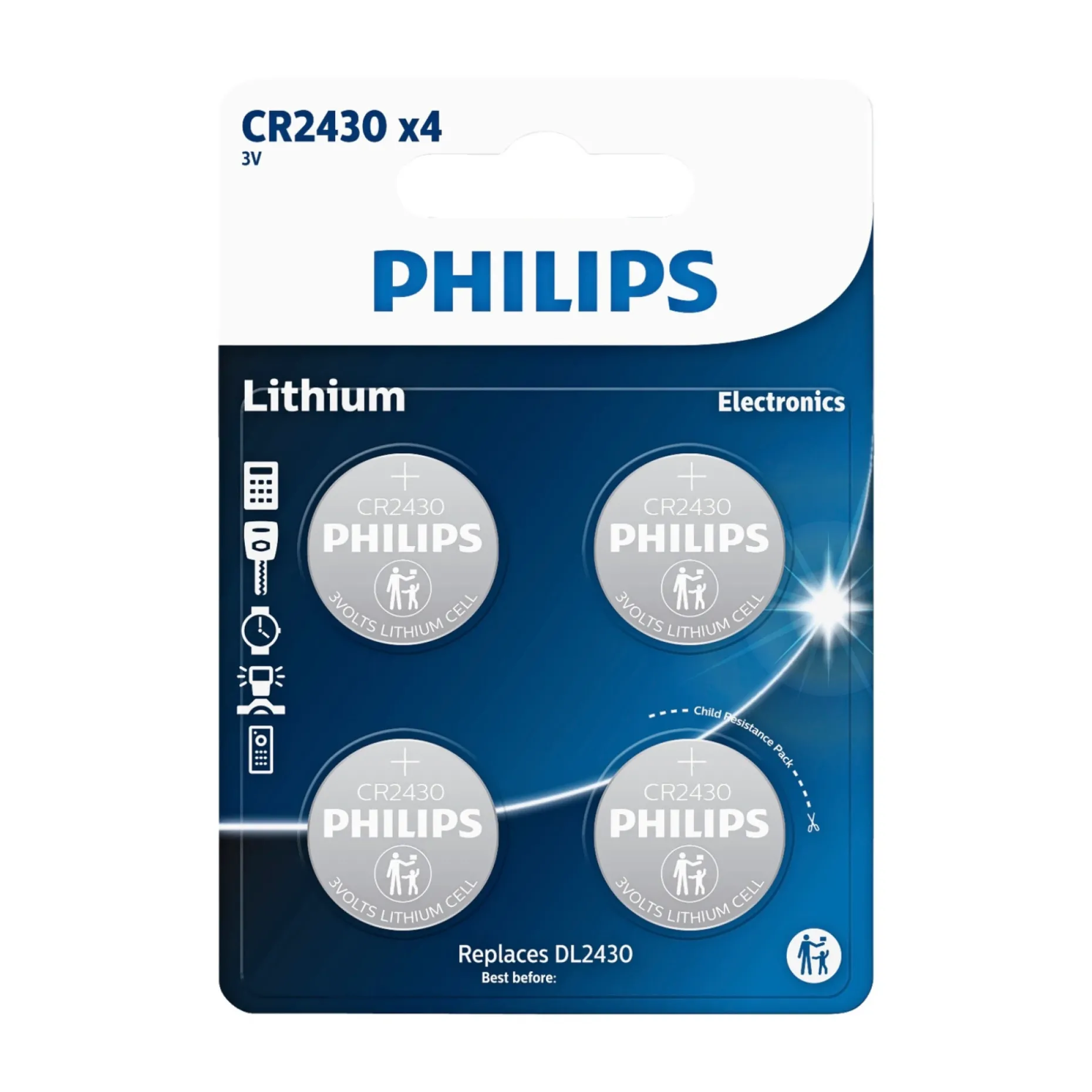 PHILIPS LITIUM CR2430 KNAPCELLE BATTERI 4 STK/PK