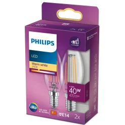 PHILIPS 2-PAK KLAR LED PÆRE KERTE E14 4W