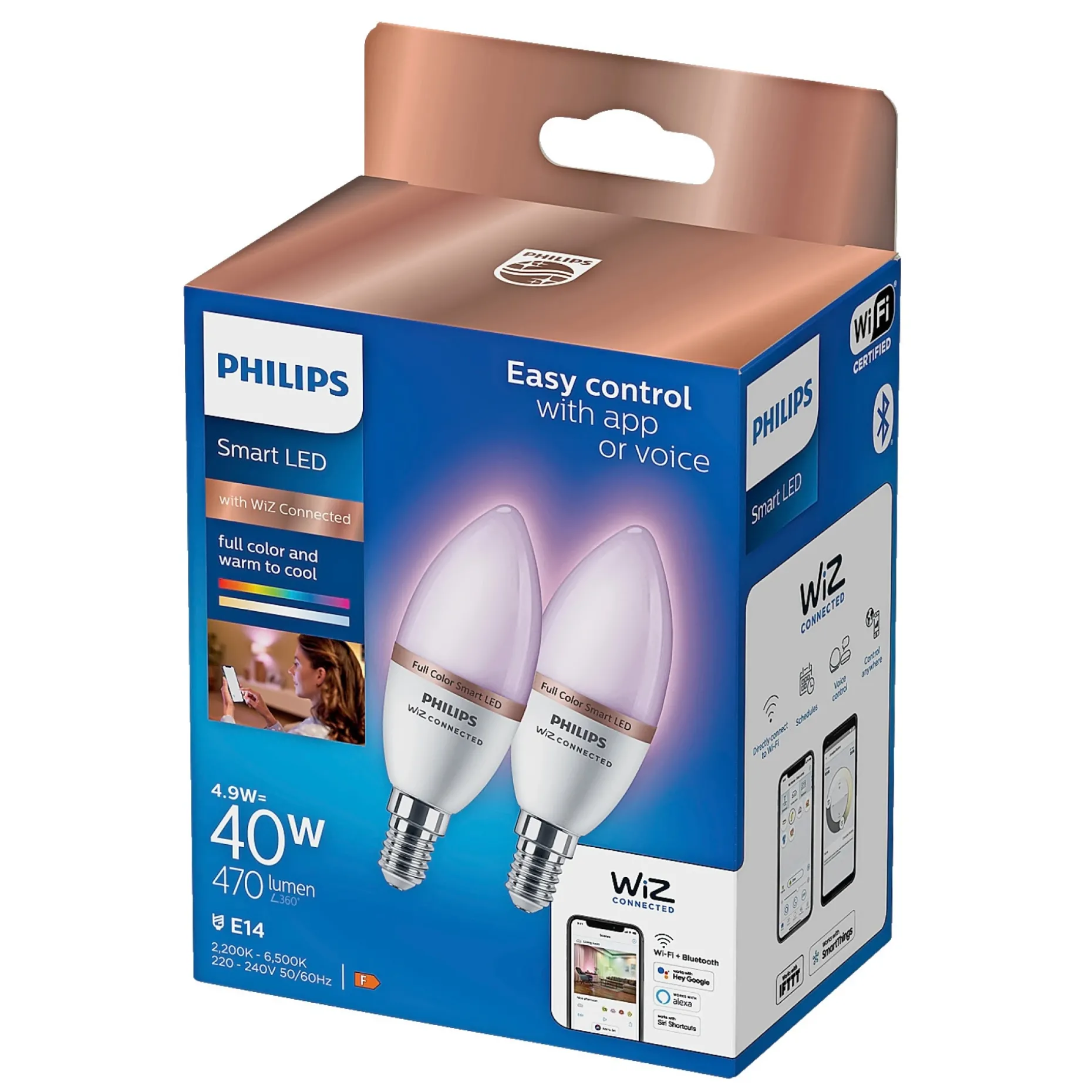 PHILIPS SMART COLOR 2-PAK LED PÆRE E14 KERTE 5W