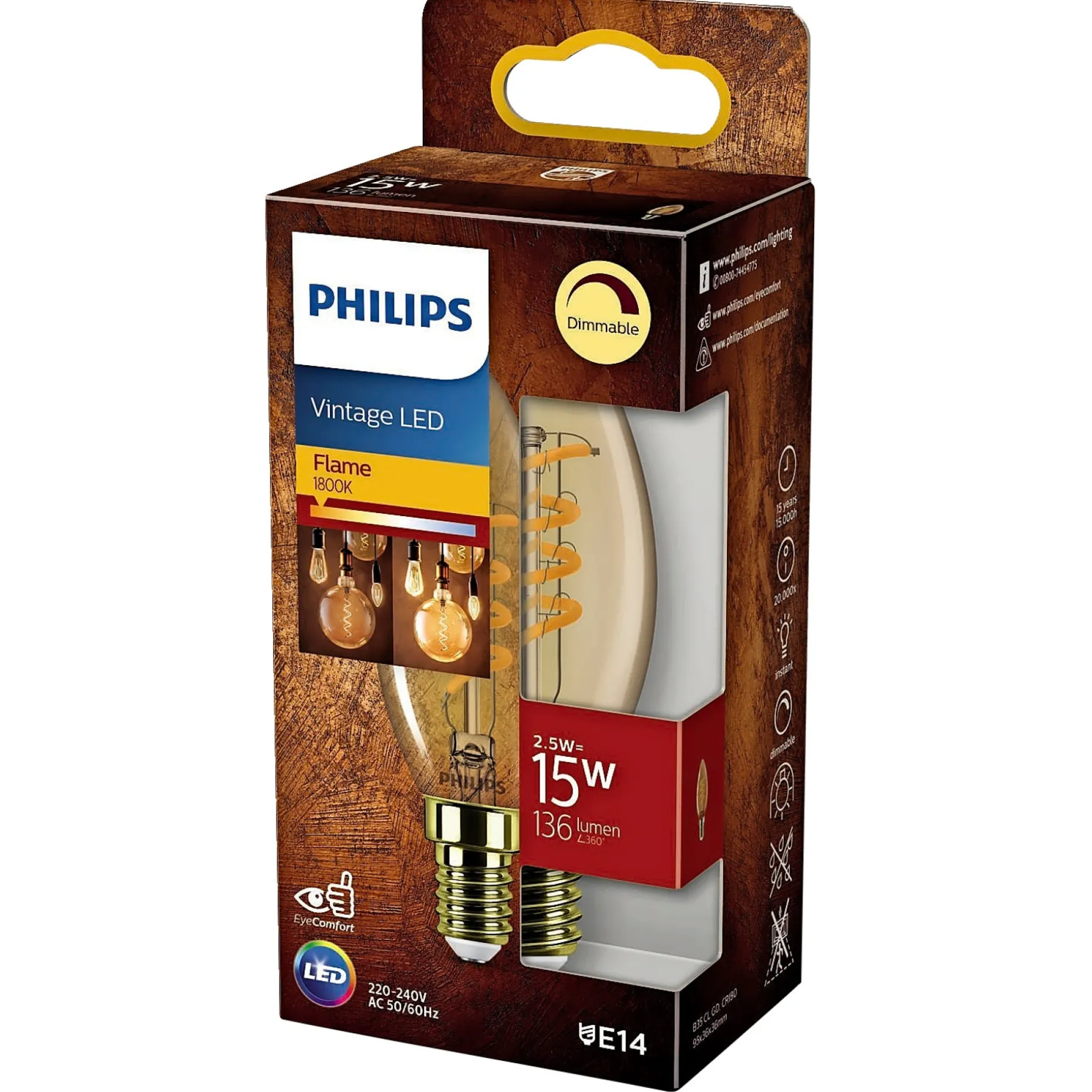 PHILIPS VINTAGE DÆMPBAR GULD DEKOPÆRE KERTE E14 15W